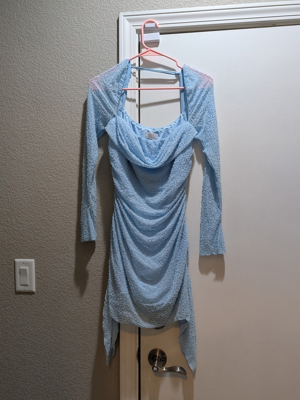 Oh Polly Light Blue Draped Cowl Long-Sleeve Dress